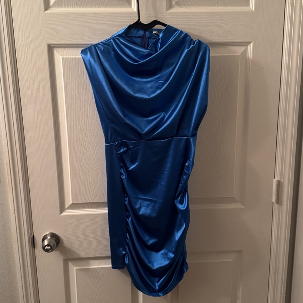 Satin Cowl Neck Royal Blue Cocktail Dress